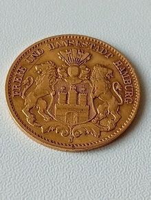 1893 J Gold German States Hamburg 10 Mark Gold Coat Of Arms Coin