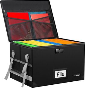 File Box with Lock,Fireproof Document Box with Handle and Zipper,Collapsible File Organiser,Home Office Fire Safe Storage Filing Box for A4 Suspension File Folder