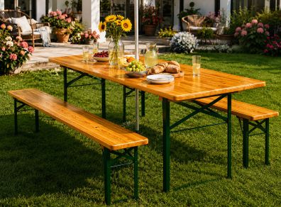 Wooden Folding table and two benches picnic set  (3 pieces)
