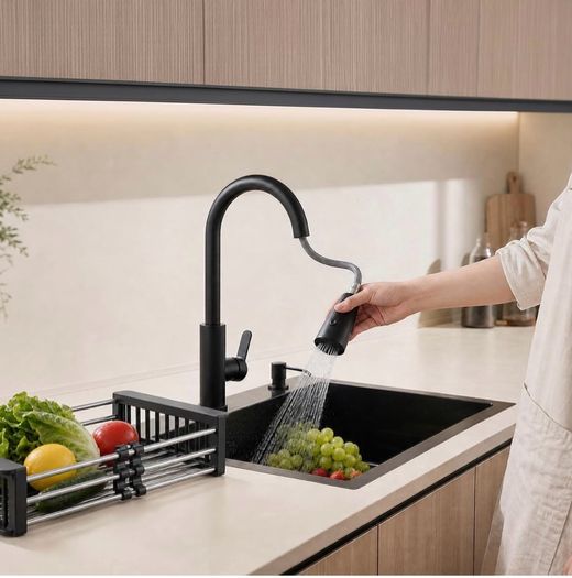 Black Kitchen Sink 50 x 45cm Stainless Steel Sink Bowl with Pull Down Tap Kitchen Sinks Single Bowl with Drainer Basket Soap Dispenser, Deep Bowl for UK Kitchens, Top/Flush/Undermount Sink