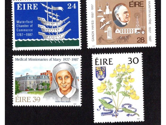 1987 Ireland Anniversaries. Bicentenary of Waterford Chamber of Commerce, Golden Jubilee of Muinti Na Tire; Tercentenary of Trinity College Botanic Gardens and Golden Jubilee of Medical Missionaries of Mary Commemorative Stamps Mint Never Hinged (MNH)