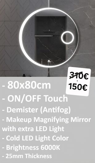 LED Bathroom Mirror 80cm Round Demister Makeup with Zoom