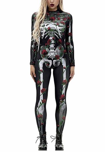 Women Halloween Costume 3D Print Long Sleeve Skinny Skeleton Catsuit Cosplay Jumpsuit (MULTIPLE STYLES)