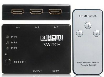 HDMI 3 Port Switcher Splitter Switch Hub with Remote for HDTV PS3 Sky Xbox 360