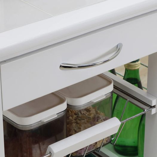 Multi-storage kitchen service cart on casters 4 metal baskets drawer + 4 bottle racks pine wood white tiled top