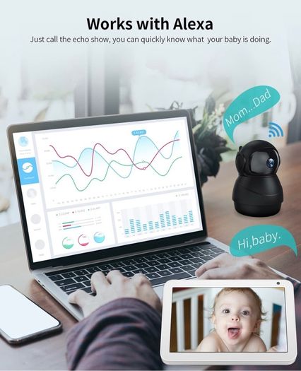 Wi-Fi Camera for Home Security, Dog Camera with Motion and Sound Alerts via APP, Baby Monitor with Indicator Switch, 2-Way Audio, Works with Alexa