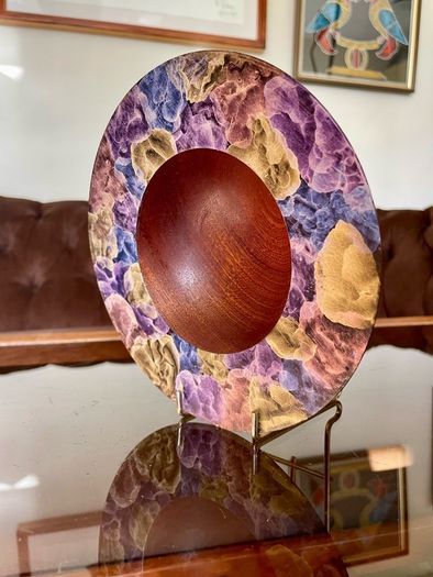 Hand Lathed Signed Coloured Edge Bowl Solid Mahogany