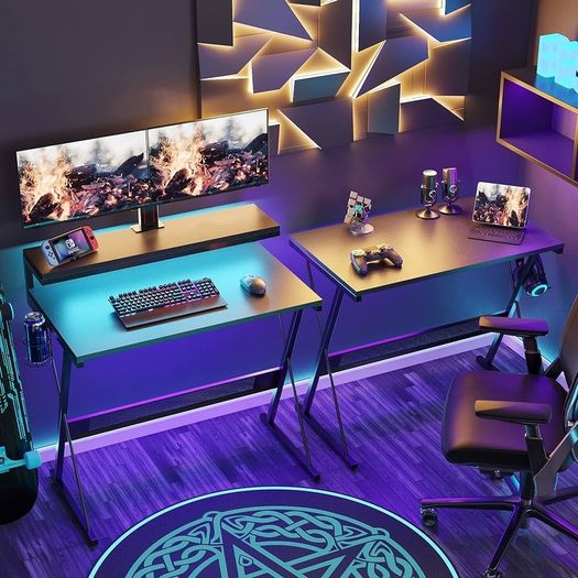 L Shaped Gaming Desk Computer Desk with LED Lights Monitor Stand 130CM Corner Desk with Cup Holder Headset Hook Ergonomic for Home Office Small Space