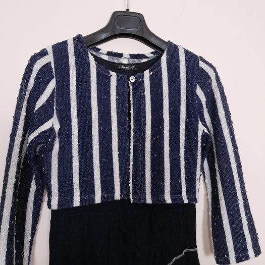 Sophie B Navy Blue White Striped Bolero Cardigan Tiered Mesh Midi Dress 12UK/40EU