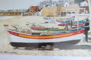 Vintage Algarve Framed Print. Portugal Harbour. Fishing Boats with gold Frame.
