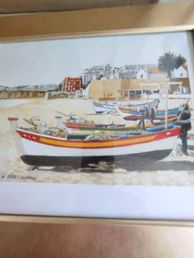 Vintage Algarve Framed Print. Portugal Harbour. Fishing Boats with gold Frame.