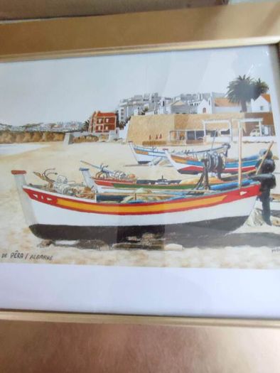 Vintage Algarve Framed Print. Portugal Harbour. Fishing Boats with gold Frame.