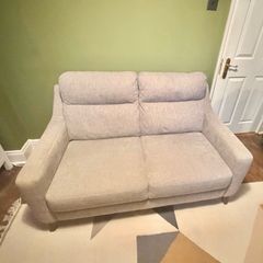 Italian-made 2-seater sofa, light grey fabric, tapered wood legs