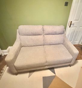 Italian-made 2-seater sofa, light grey fabric, tapered wood legs