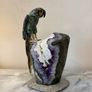 Premium Ruby in Zoisite Gemstone Parrot Carving on Unique Amethyst Crystal Geode Image 4