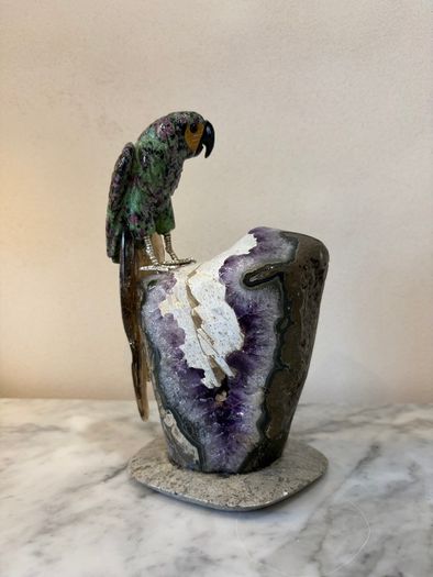 Premium Ruby in Zoisite Gemstone Parrot Carving on Unique Amethyst Crystal Geode