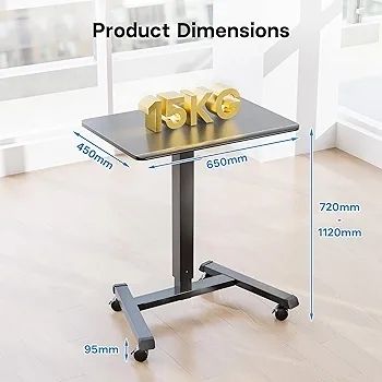 Mobile Standing Desk with 4 Rolling Castors, Height Adjustable Desk on Wheels, Portable Stand Up Desk, Over-Bed Table for Living Room, Bedroom, Medical Use, Ergonomic, Space Saving
