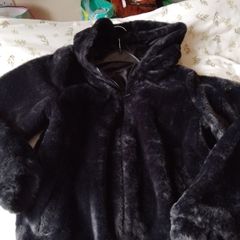 Black fur jacket with hood age 11-12