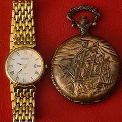 Fabolous Warwick Watch Company Gold Toned Wrist Watch Set With An Enamelled White Face With Roman Numerals Dial. A Sweep Second Hand & Date. Watch Comes With Its Metal Gate Braclet. In Working Order. PLUS A POCKET WATCH.