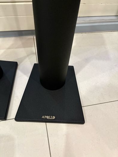 Attractive classic ballast fillable Apollo A24 steel speaker stands. In excellent rust-free condition. Featuring striking thick cylindrical column with a black textured finish. Rare in this condition.