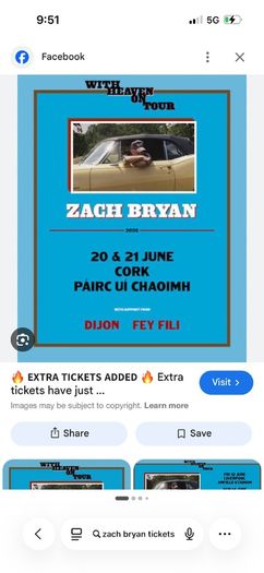 Zach Bryan ticket June 21st cork