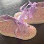 Dunnes Stores multi-glitter high-top trainers with side zip & purple satin ribbon laces Sz Uk9/EU26 EUC Image 2