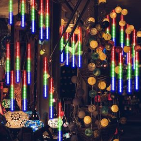 Shower Rain Lights 30CM, 8 Waterproof Spiral Tubes Meteor Lights, 288 LEDs Rain Lights for Christmas Outdoor Garden House Window Xmas Tree Decoration(Colorful)