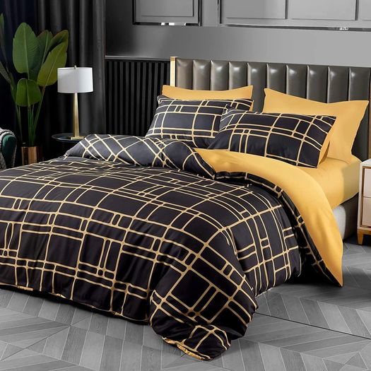 Double Duvet Set Black & Gold Doublesided Bedding Set 3 PCS With Pillowcases Ultra Soft Anti Allergic Non Iron Luxury Microfiber (Black, Double (200 x 200 cm))