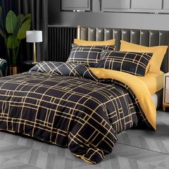 Double Duvet Set Black & Gold Doublesided Bedding Set 3 PCS With Pillowcases Ultra Soft Anti Allergic Non Iron Luxury Microfiber (Black, Double (200 x 200 cm))