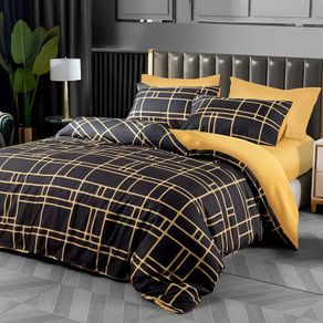 Double Duvet Set Black & Gold Doublesided Bedding Set 3 PCS With Pillowcases Ultra Soft Anti Allergic Non Iron Luxury Microfiber (Black, Double (200 x 200 cm))