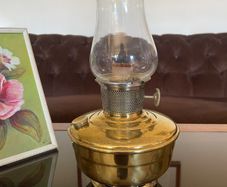 1930s40s Aladdin Model 12 Brass Table Mantle Oil Lamp with Fluted Glass Shade