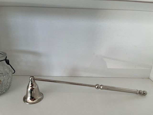 Metal Handle Candle Snuffer. Silver Finish. Moveable Head. With Hanging Tea Light. In Excellent Condition.