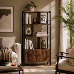Industrial 5-Tier Bookcase with Double Door Cabinet