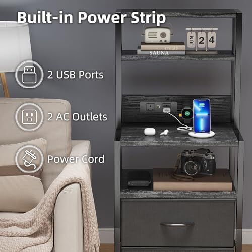 Bedside Table with Charging Station and LED Light Strips, Nightstand with Drawers, Bedside Cabinet for Living Room, Bed Side Table for Bedroom, Black