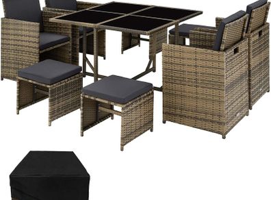 _Poly Rattan Cube Set Including Protective Cover and Stainless Steel Screws 4 Chairs 1 Table 4 Stools