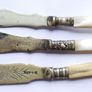 Vintage Sheffield butter or fish knives, two knives have white mother-of-pearl handles Image 2