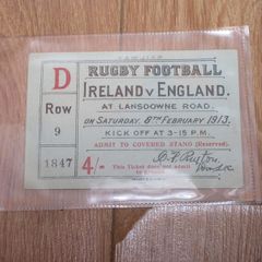 Original Match Ticket Ireland v England at Landsdowne Road on Saturday 8th February 1913. Kick off at 3-15 p.m. Irish Rugby Football Union