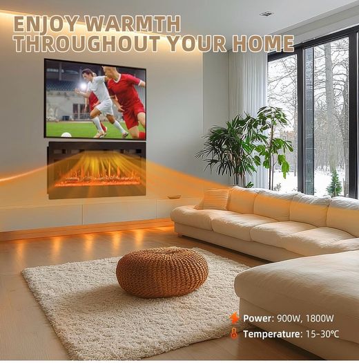 36/92cm Electric Fireplace Adjustable CD 12 Color Flame & Crackling Sound, 900W /1500W Fire Place with Precise 15/30C Thermostat, Intuitive Touch Screen & Remote, Perfect for Media Walls