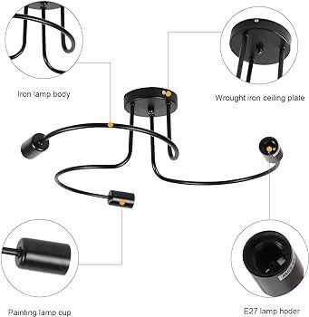 NEW SALE | Industrial Ceiling Light 3 Way, Semi-Flush Ceiling Light Black Metal E27 Base, Chandelier Ceiling Lighting Fixture for Bedroom Living Dining Room Hallway