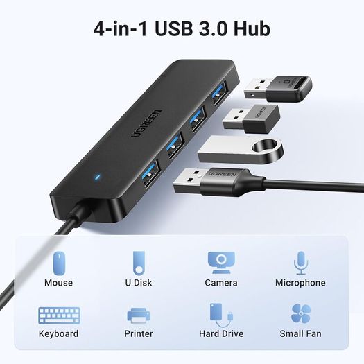 SB Hub 3.0, USB Splitter 4 Port Ultra Slim with 5Gbps Data Transfer, USB Extender for Mouse, Keyboard, Flash Drive, Card Reader, Printer, Compatible with Laptop, Desktop PC, Xbox, PS5, etc.