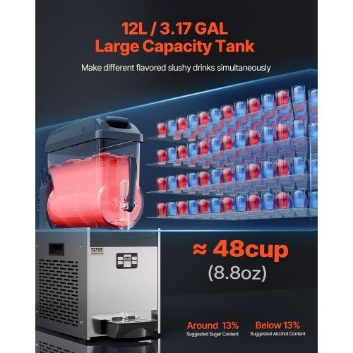 Commercial Slushy Machine, 12L Single Tank Frozen Drink Machine, 48 Cups Stainless Steel Margarita Smoothie Frozen Drink Maker