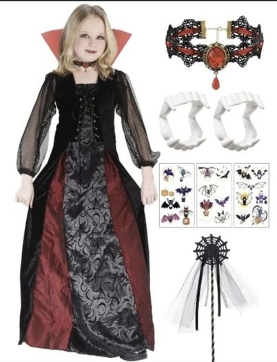 Vampire Child Halloween Costume - Black and Burgundy Dress with Choker and Collar