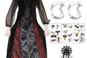 Vampire Child Halloween Costume - Black and Burgundy Dress with Choker and Collar