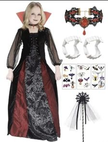 Vampire Child Halloween Costume - Black and Burgundy Dress with Choker and Collar