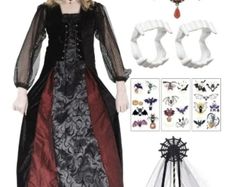Vampire Child Halloween Costume - Black and Burgundy Dress with Choker and Collar