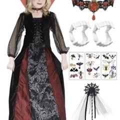 Vampire Child Halloween Costume - Black and Burgundy Dress with Choker and Collar