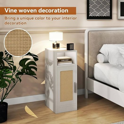 Slim Bedside Table Set of 2, Rattan Nightstand with Open Compartments and Cupboard for Small Spaces, Small Narrow Side End Table for Bedroom Living Room, White