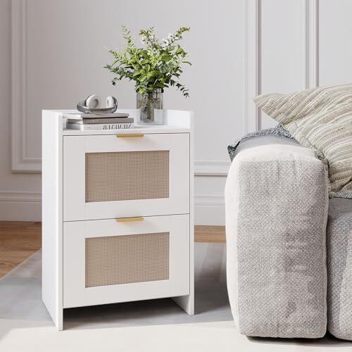 Bedside Table with Charging Station, Rattan Nightstand with 2 Storage Drawers, Side Table with Golden metal handle for Bedroom, Living Room Study,40x30x60cm(White)