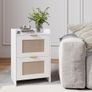 Bedside Table with Charging Station, Rattan Nightstand with 2 Storage Drawers, Side Table with Golden metal handle for Bedroom, Living Room Study,40x30x60cm(White) Image 6