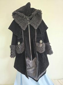Punk Rave Black Velvet Gothic Hooded Cape Coat Faux Fur - Size M (Excellent Condition)